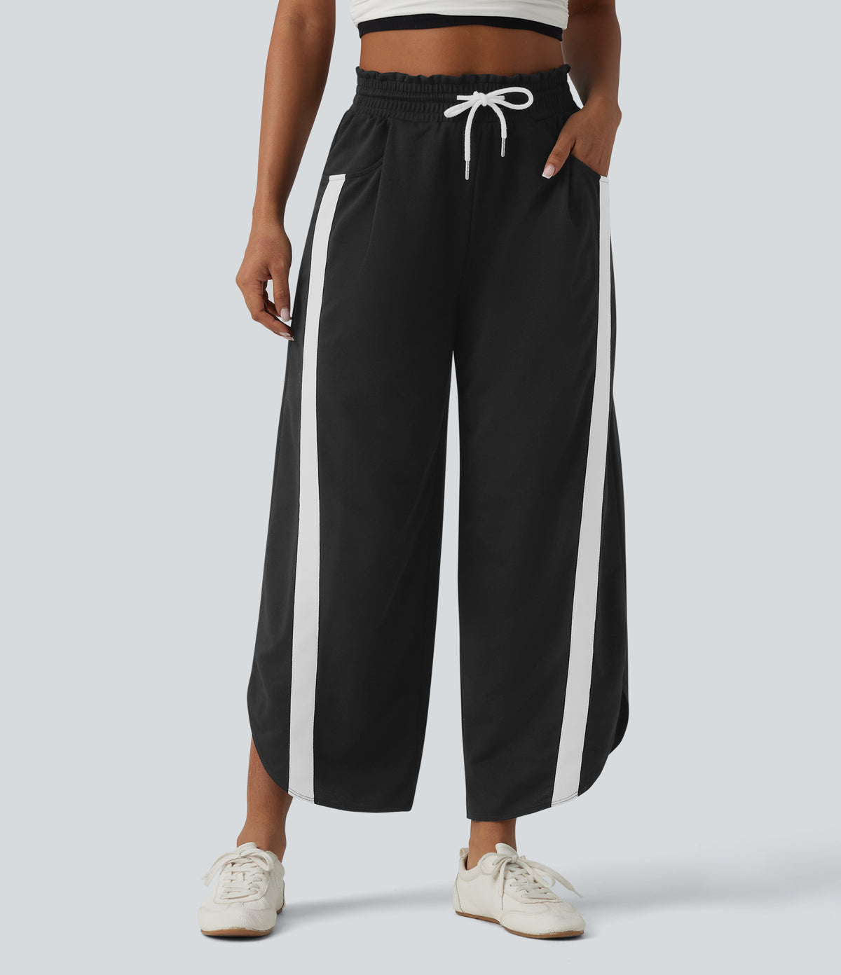 High Waisted Drawstring Curved Hem Color Block Casual Wide Leg Sweatpants with Pockets — Black — view 3