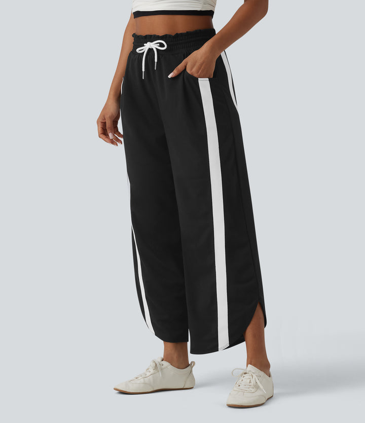 High Waisted Drawstring Curved Hem Color Block Casual Wide Leg Sweatpants with Pockets — Black — view 1