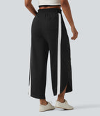 High Waisted Drawstring Curved Hem Color Block Casual Wide Leg Sweatpants with Pockets — Black — view 2