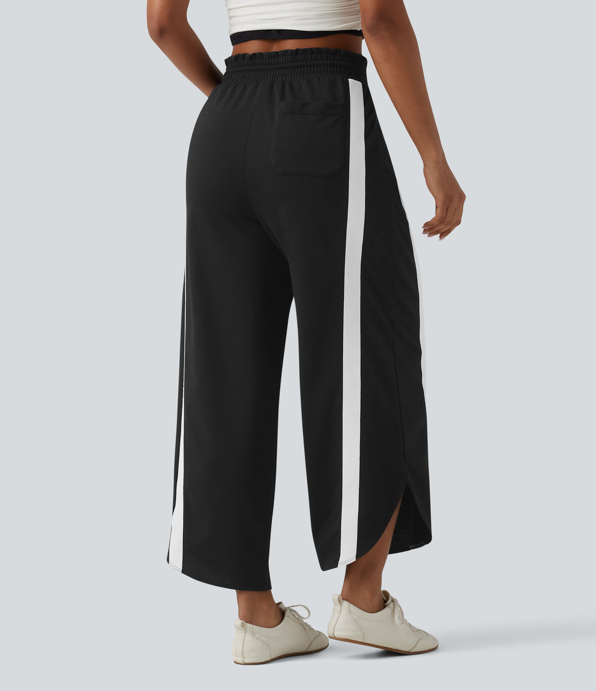 High Waisted Drawstring Curved Hem Color Block Casual Wide Leg Sweatpants with Pockets — Black — view 2