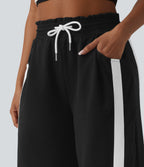 High Waisted Drawstring Curved Hem Color Block Casual Wide Leg Sweatpants with Pockets — Black — view 4