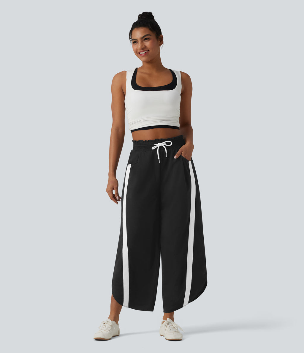 High Waisted Drawstring Curved Hem Color Block Casual Wide Leg Sweatpants with Pockets — Black — view 7