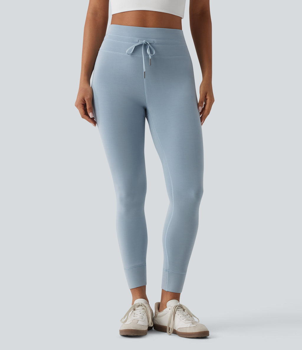 SpacerTek High Waisted Drawstring Casual Skinny Trousers with Pockets — Dusty Blue — view 3