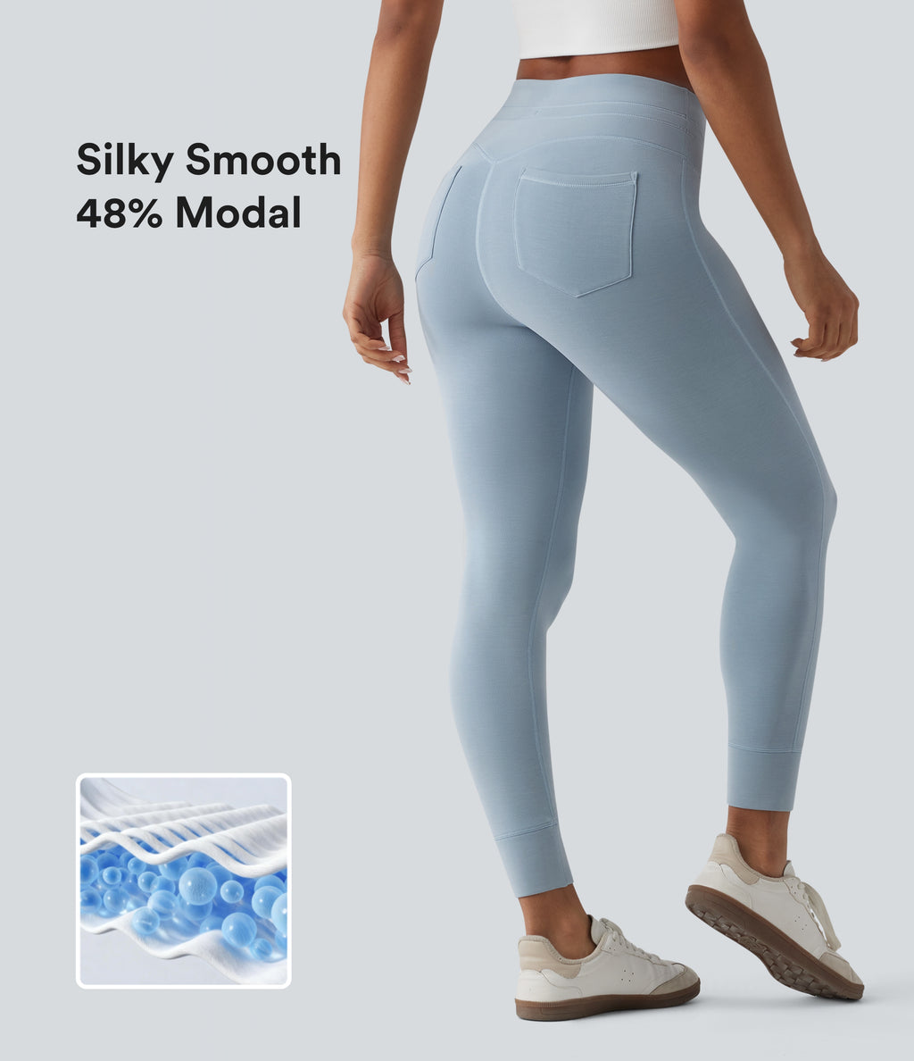 SpacerTek High Waisted Drawstring Casual Skinny Trousers with Pockets — Dusty Blue — view 1