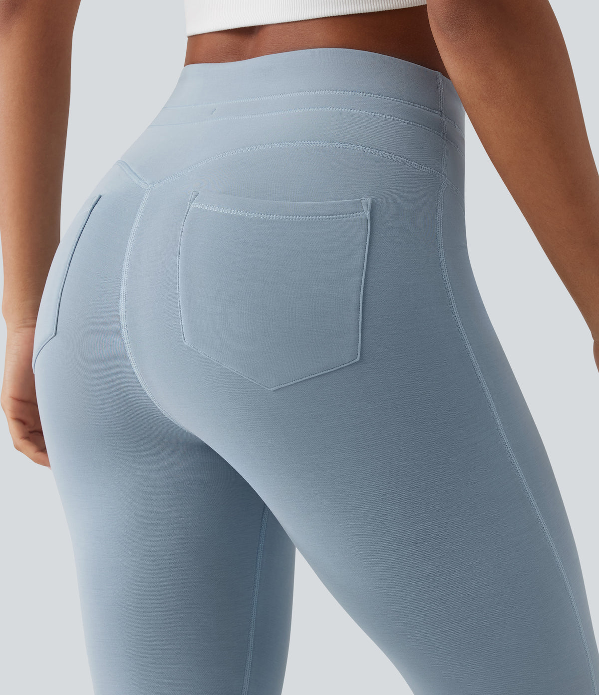 SpacerTek High Waisted Drawstring Casual Skinny Trousers with Pockets — Dusty Blue — view 4