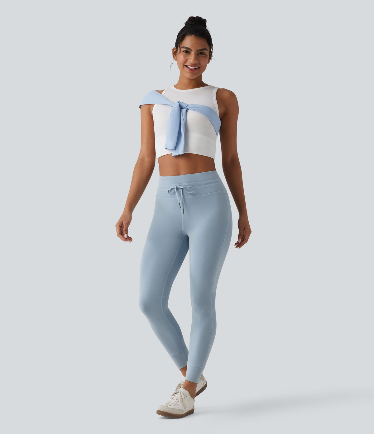 SpacerTek High Waisted Drawstring Casual Skinny Trousers with Pockets — Dusty Blue — view 6
