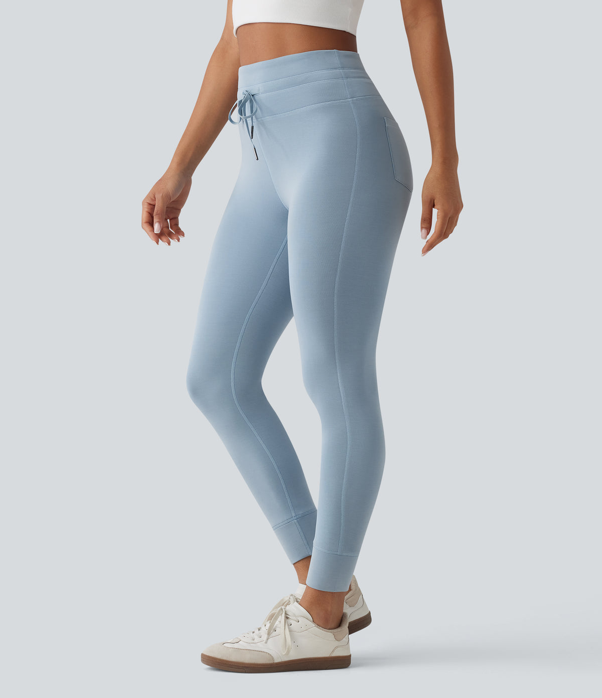 SpacerTek High Waisted Drawstring Casual Skinny Trousers with Pockets — Dusty Blue — view 2