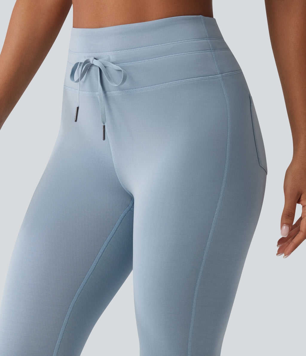 SpacerTek High Waisted Drawstring Casual Skinny Trousers with Pockets — Dusty Blue — view 5
