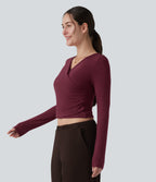 HeatCore V-neck Long Sleeve Wrap Ruched Casual Warming Top — Cordovan — view 4