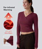 HeatCore V-neck Long Sleeve Wrap Ruched Casual Warming Top — Cordovan — view 1