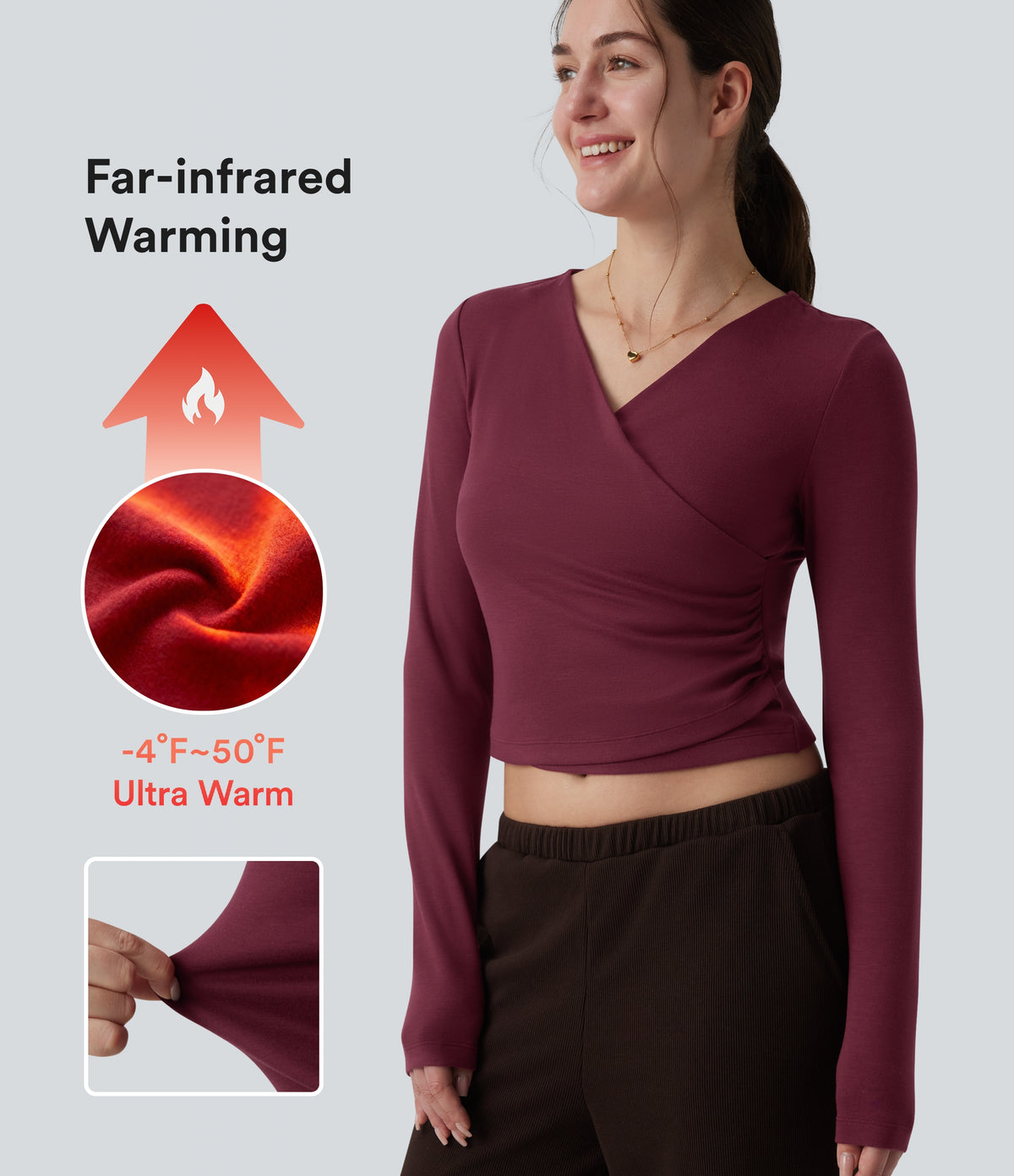 HeatCore V-neck Long Sleeve Wrap Ruched Casual Warming Top — Cordovan — view 1