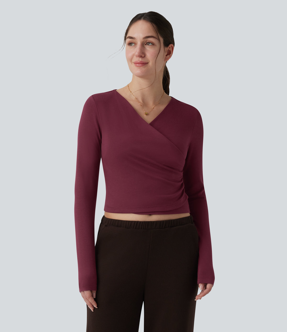 HeatCore V-neck Long Sleeve Wrap Ruched Casual Warming Top — Cordovan — view 5