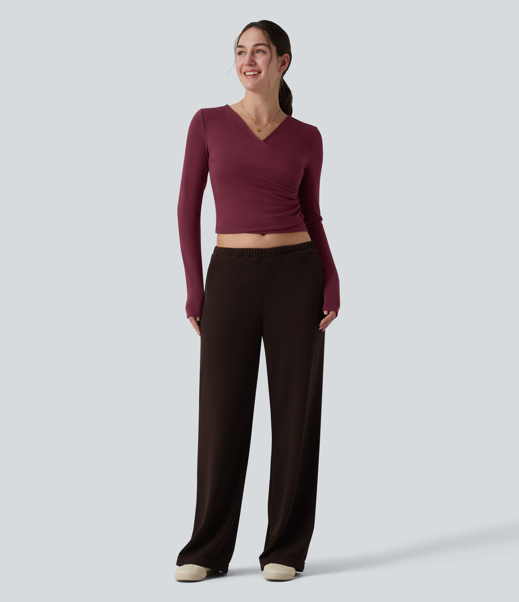 HeatCore V-neck Long Sleeve Wrap Ruched Casual Warming Top — Cordovan — view 6