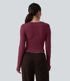 HeatCore V-neck Long Sleeve Wrap Ruched Casual Warming Top — Cordovan — view 3