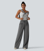 High Waisted Drawstring Pleated Heathered Casual Baggy Trousers with Pockets — Darl Gray Floral Yarn — view 6