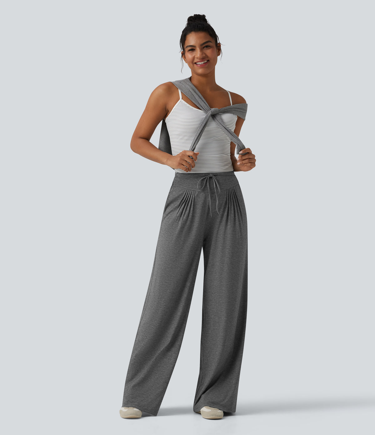 High Waisted Drawstring Pleated Heathered Casual Baggy Trousers with Pockets — Darl Gray Floral Yarn — view 6