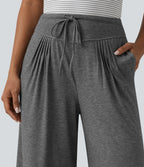 High Waisted Drawstring Pleated Heathered Casual Baggy Trousers with Pockets — Darl Gray Floral Yarn — view 4
