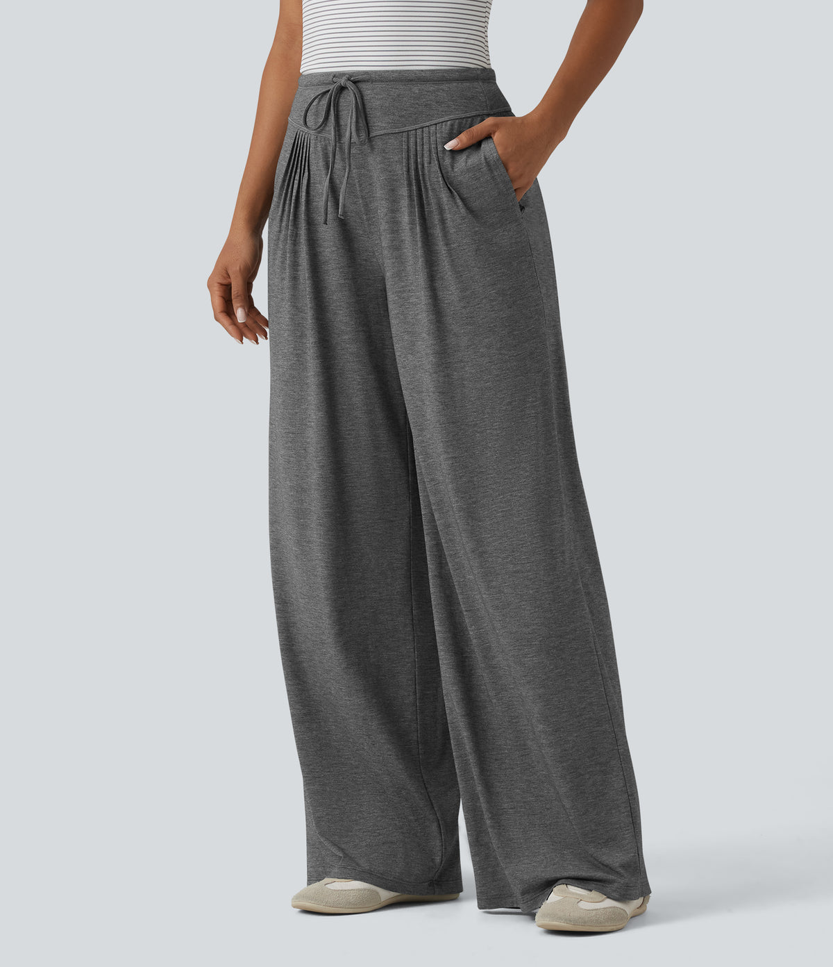 High Waisted Drawstring Pleated Heathered Casual Baggy Trousers with Pockets — Darl Gray Floral Yarn — view 3