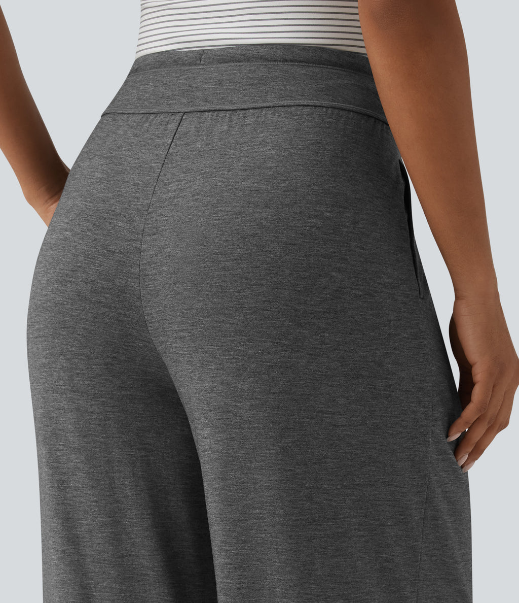 High Waisted Drawstring Pleated Heathered Casual Baggy Trousers with Pockets — Darl Gray Floral Yarn — view 5