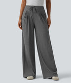 High Waisted Drawstring Pleated Heathered Casual Baggy Trousers with Pockets — Darl Gray Floral Yarn — view 1