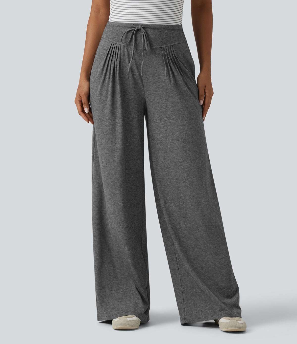 High Waisted Drawstring Pleated Heathered Casual Baggy Trousers with Pockets — Darl Gray Floral Yarn — view 1