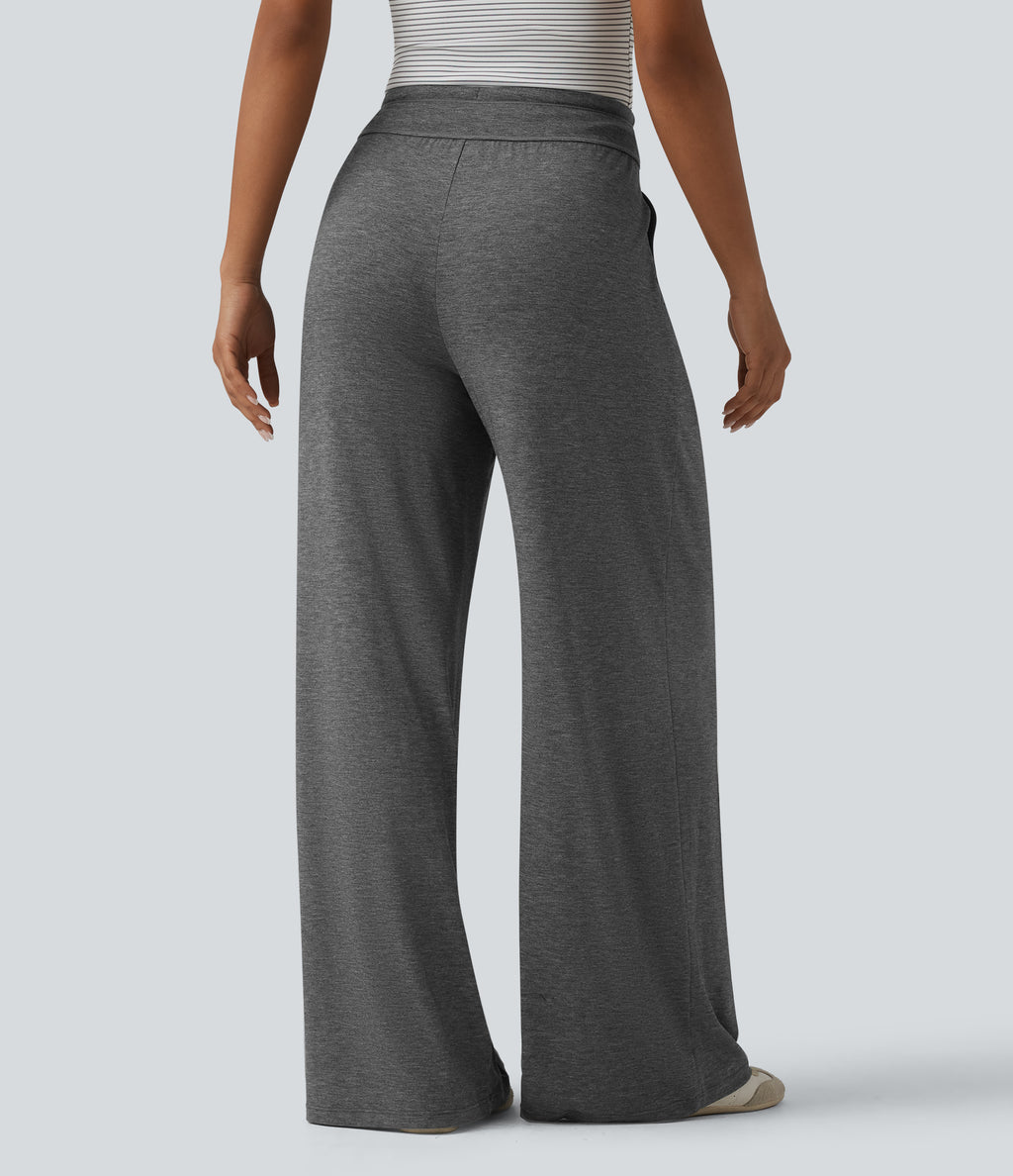 High Waisted Drawstring Pleated Heathered Casual Baggy Trousers with Pockets — Darl Gray Floral Yarn — view 2