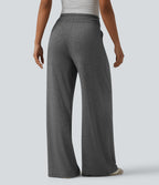High Waisted Drawstring Pleated Heathered Casual Baggy Trousers with Pockets — Darl Gray Floral Yarn — view 2