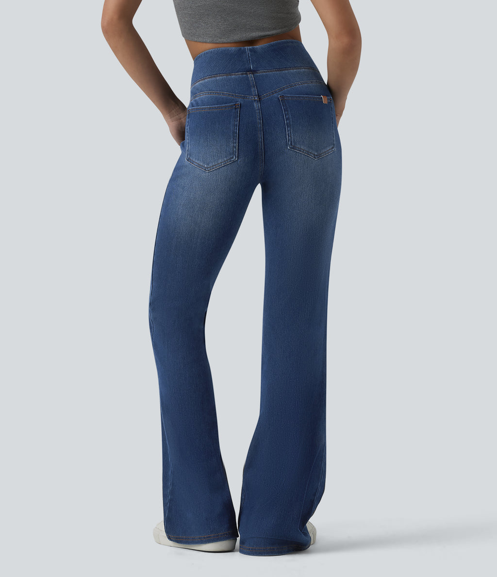 High Waisted Tummy Control Casual Flare Jeans with Pockets — Estate Blue Denim — view 2