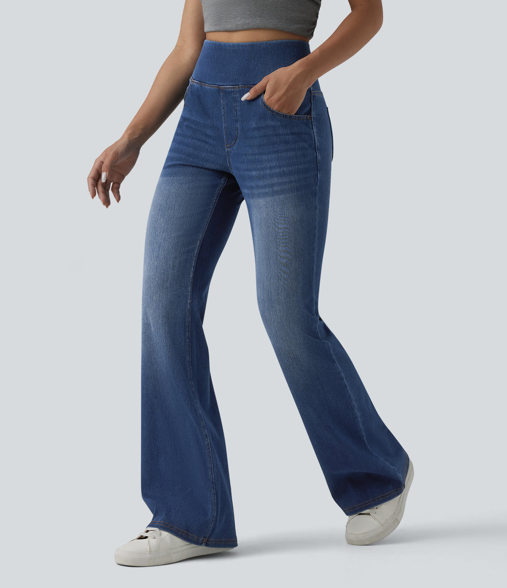 High Waisted Tummy Control Casual Flare Jeans with Pockets — Estate Blue Denim — view 3