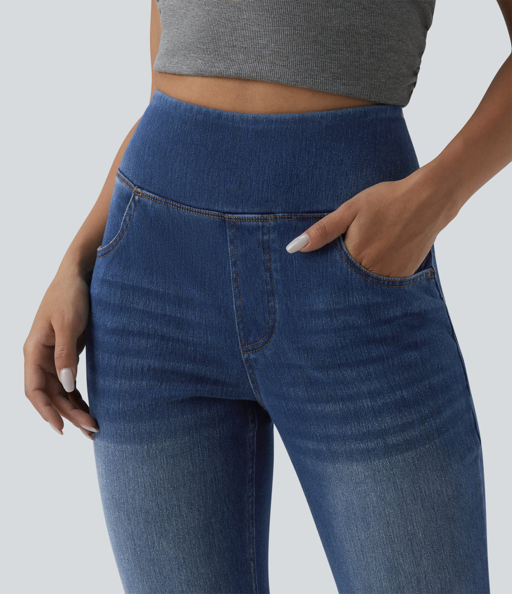 High Waisted Tummy Control Casual Flare Jeans with Pockets — Estate Blue Denim — view 4