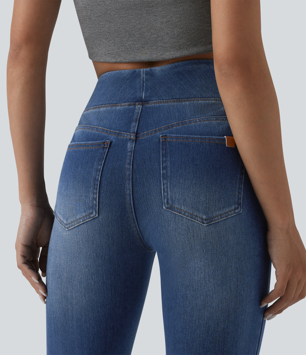High Waisted Tummy Control Casual Flare Jeans with Pockets — Estate Blue Denim — view 5