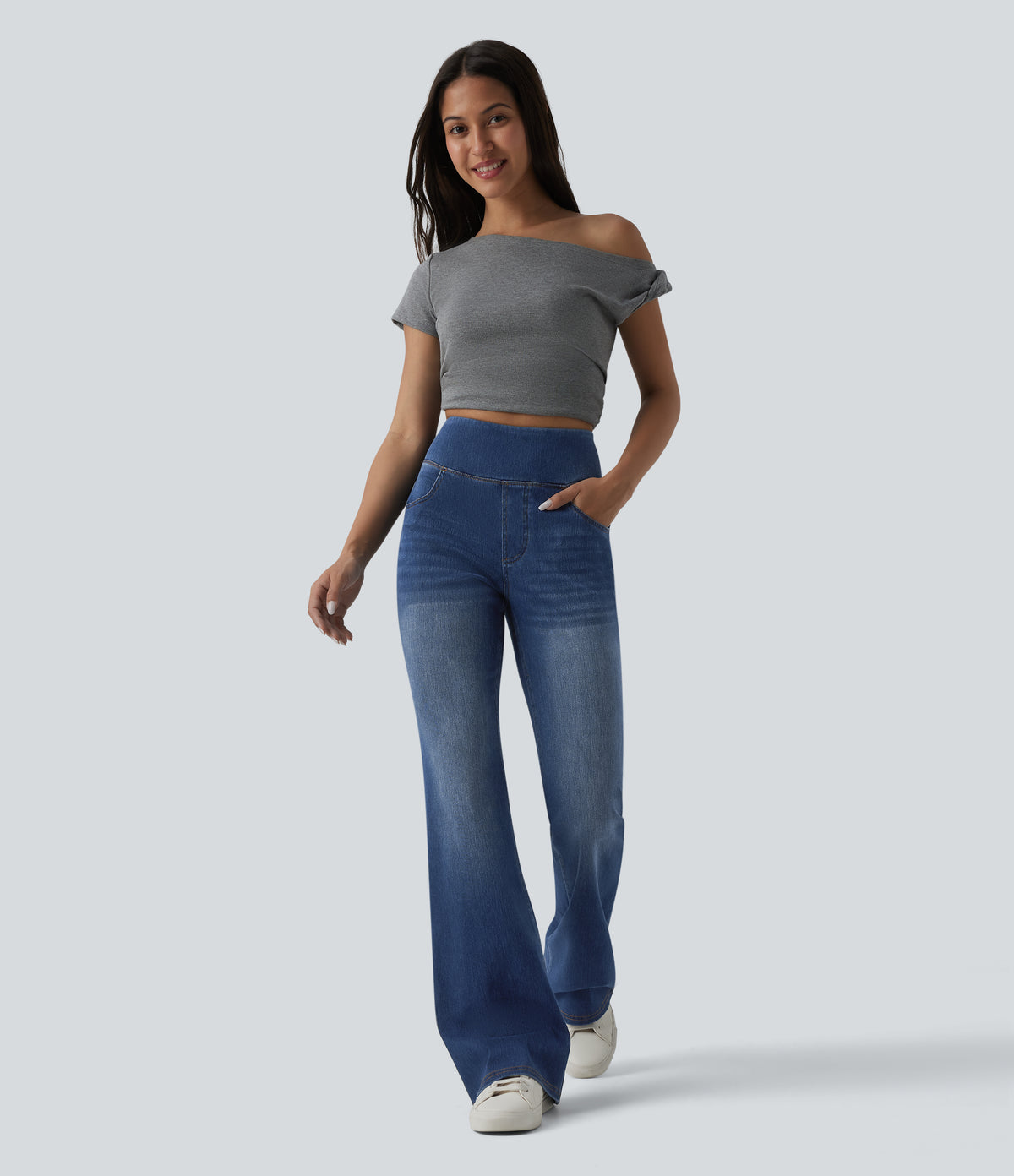 High Waisted Tummy Control Casual Flare Jeans with Pockets — Estate Blue Denim — view 6