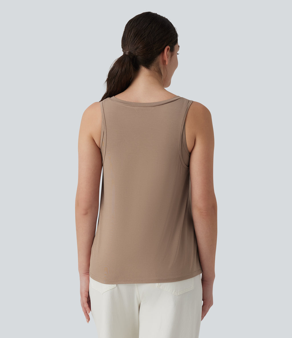 V Neck Built-in Bra Relaxed Casual Tank Top — Natural — view 3