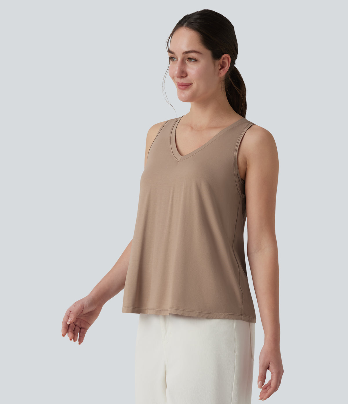 V Neck Built-in Bra Relaxed Casual Tank Top — Natural — view 4