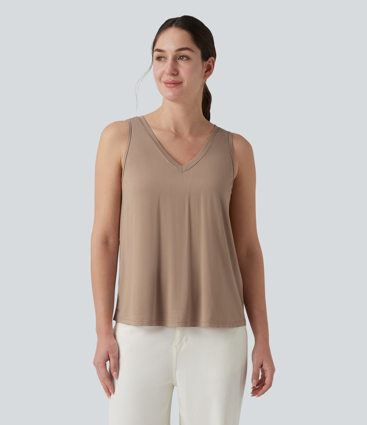 V Neck Built-in Bra Relaxed Casual Tank Top — Natural — view 2