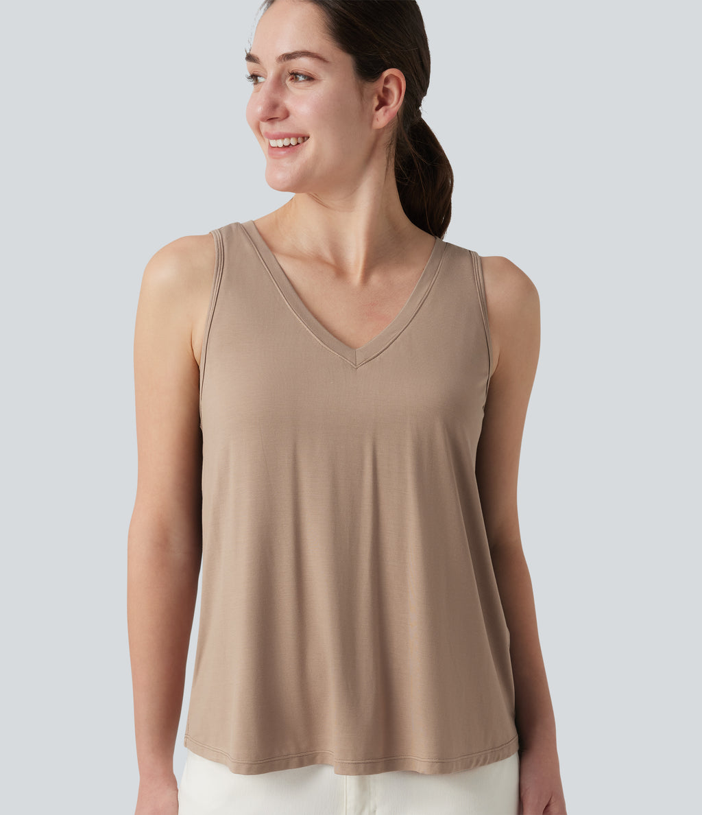 V Neck Built-in Bra Relaxed Casual Tank Top — Natural — view 5