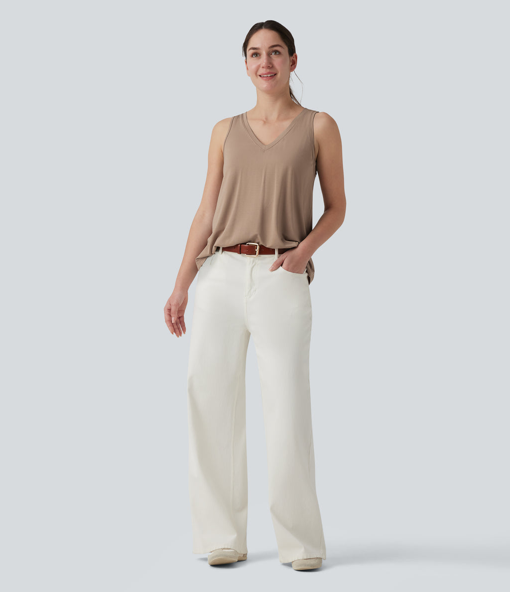 V Neck Built-in Bra Relaxed Casual Tank Top — Natural — view 6
