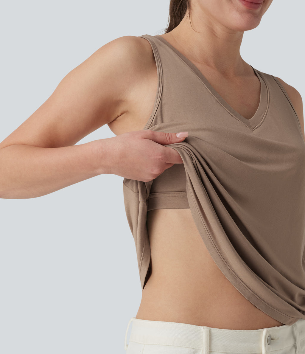 V Neck Built-in Bra Relaxed Casual Tank Top — Natural — view 1