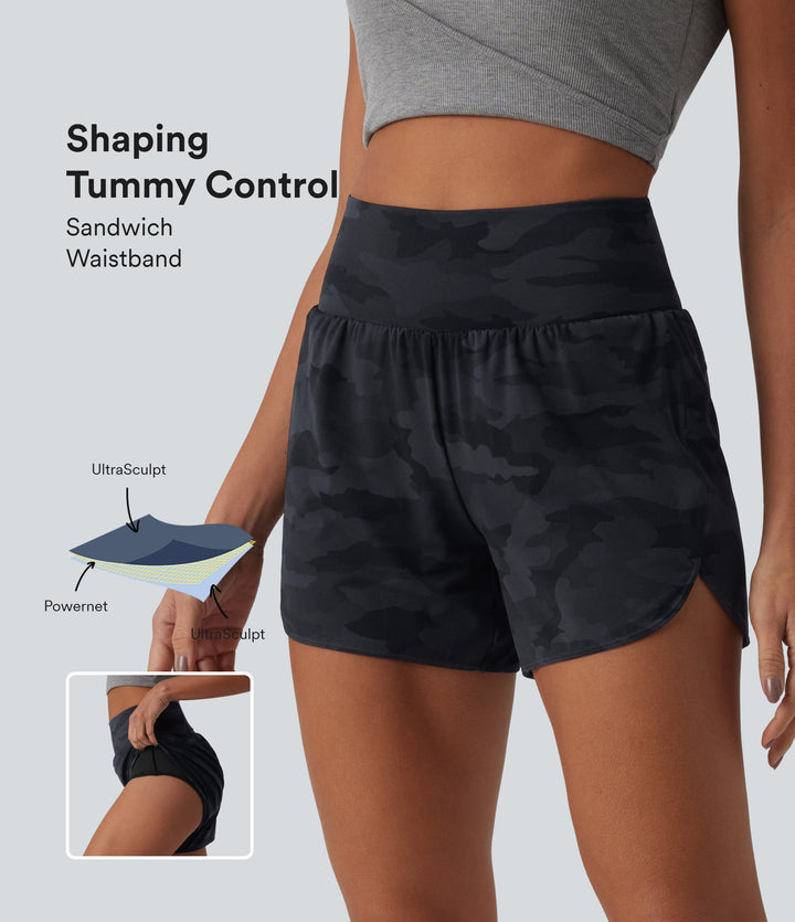 Camo Print High Waisted Tummy Control Curved Hem 2-in-1 Running Shorts 4" with Pocket — Midnight Shadow Camo — view 1