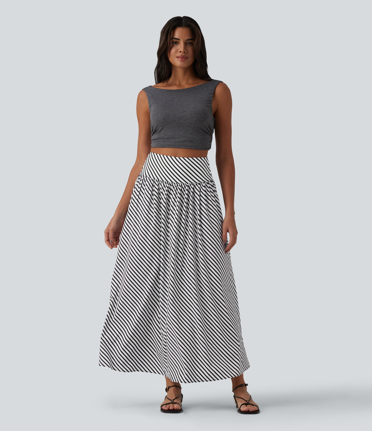High Waisted Stripe Maxi Casual Flowy Skirt with Pockets — Mono Stripe — view 5