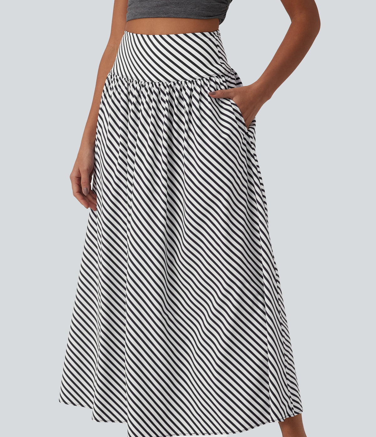 High Waisted Stripe Maxi Casual Flowy Skirt with Pockets — Mono Stripe — view 4