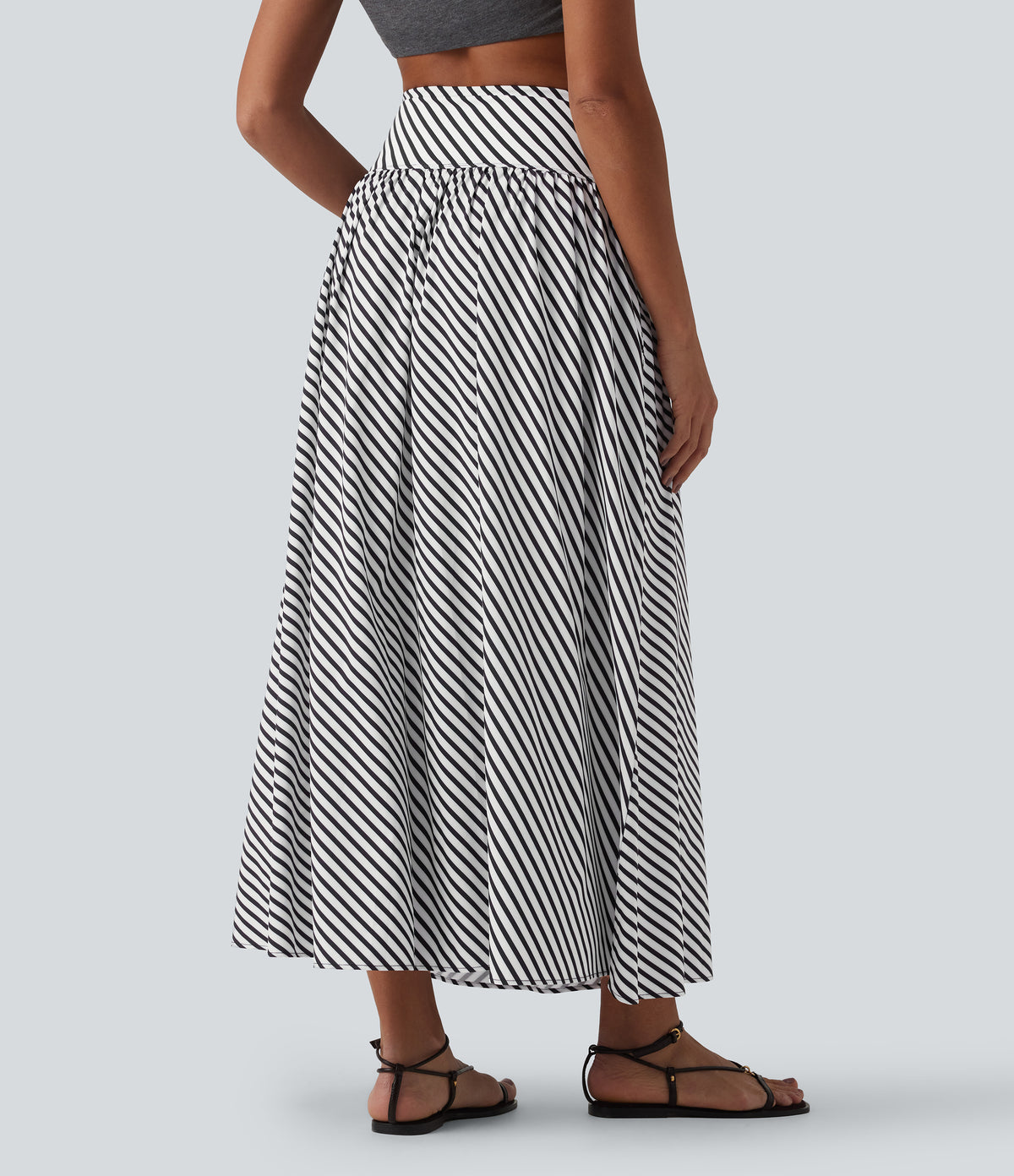 High Waisted Stripe Maxi Casual Flowy Skirt with Pockets — Mono Stripe — view 2