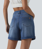 High Waisted Rolled Hem Denim Casual Baggy Shorts with Pockets — Tide Blue Denim — view 2