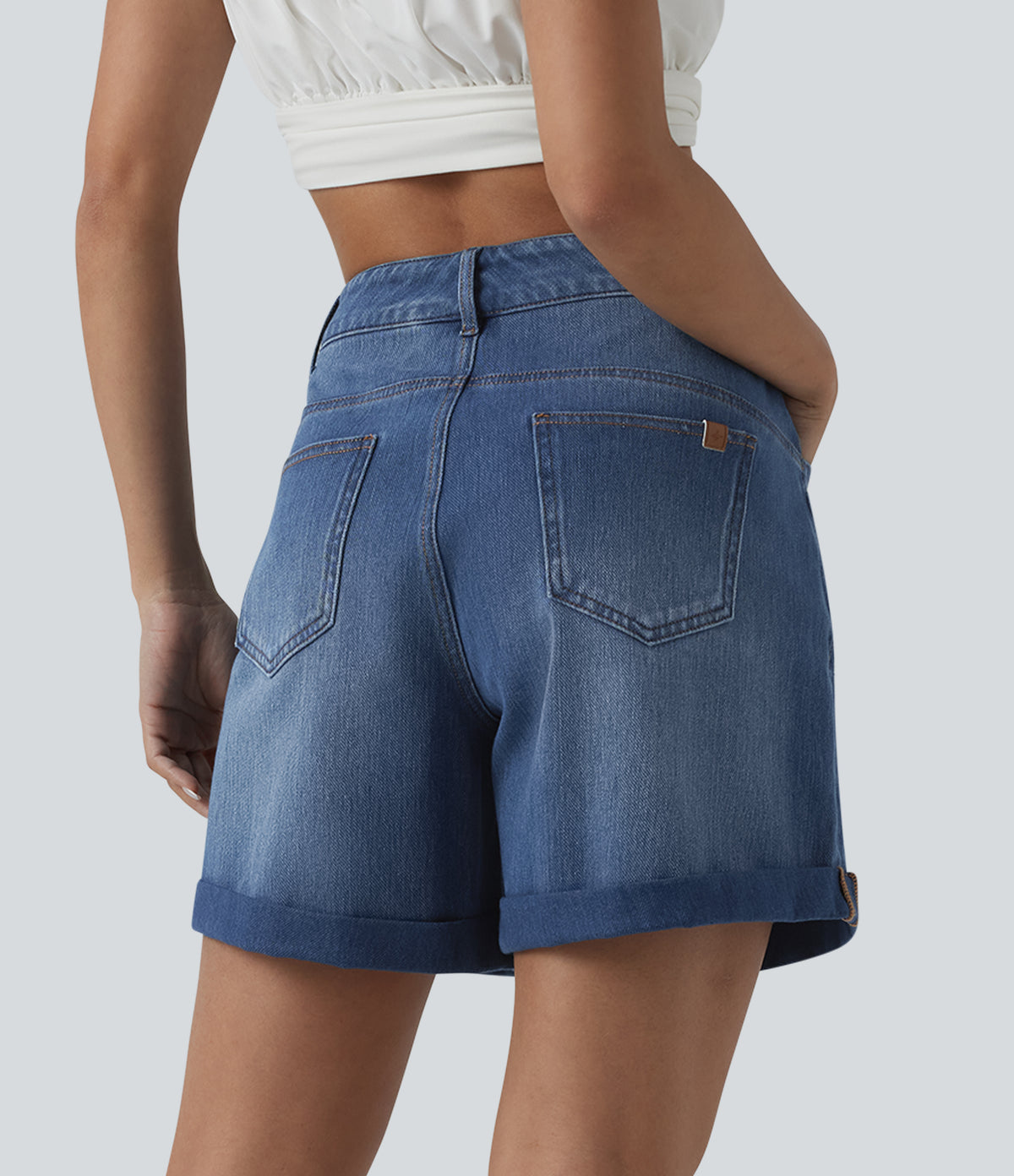 High Waisted Rolled Hem Denim Casual Baggy Shorts with Pockets — Tide Blue Denim — view 2