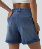 High Waisted Rolled Hem Denim Casual Baggy Shorts with Pockets — Tide Blue Denim — view 5