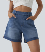 High Waisted Rolled Hem Denim Casual Baggy Shorts with Pockets — Tide Blue Denim — view 1