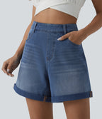 High Waisted Rolled Hem Denim Casual Baggy Shorts with Pockets — Tide Blue Denim — view 4