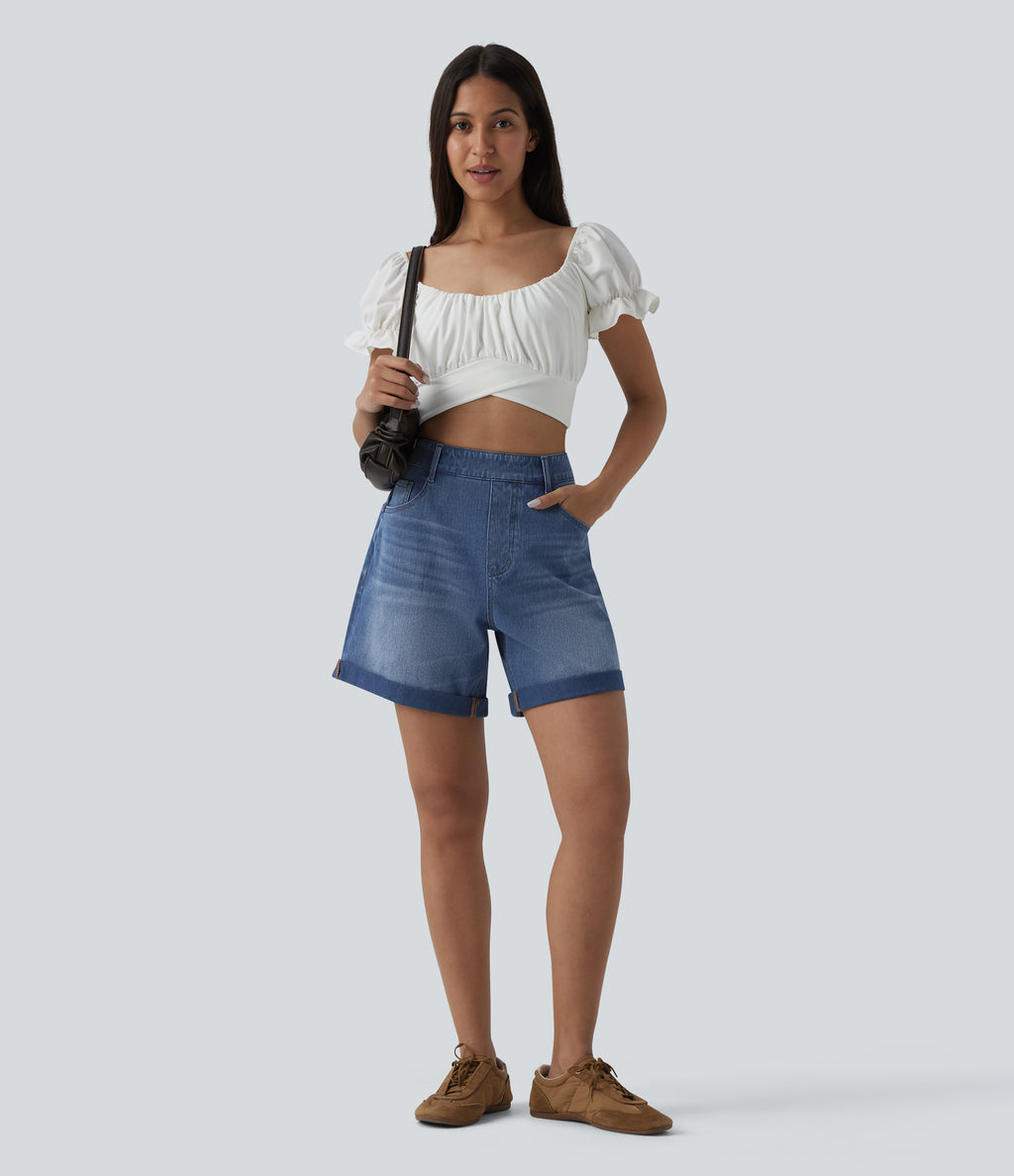 High Waisted Rolled Hem Denim Casual Baggy Shorts with Pockets — Tide Blue Denim — view 6
