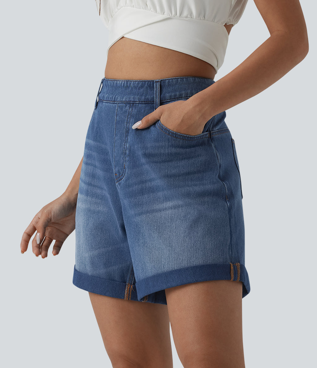 High Waisted Rolled Hem Denim Casual Baggy Shorts with Pockets — Tide Blue Denim — view 3