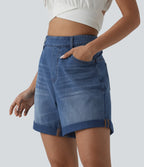 High Waisted Rolled Hem Denim Casual Baggy Shorts with Pockets — Tide Blue Denim — view 3